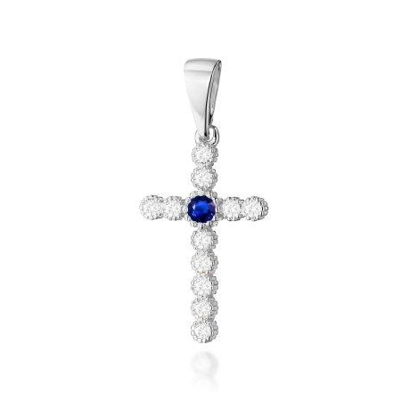 Przejdź do produktu Zawieszka z białego złota krzyż z szafirem i diamentami 0,22ct The Diamonds