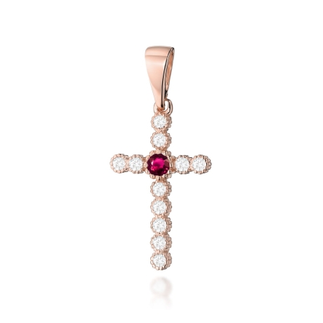 Przejdź do produktu Zawieszka z różowego złota krzyż z rubinem i diamentami 0,22ct The Diamonds 