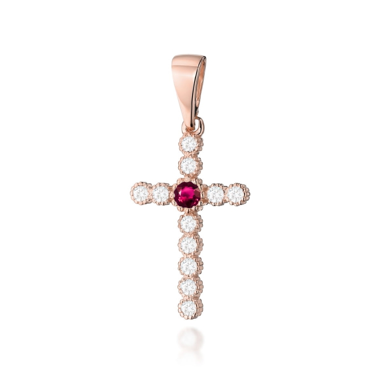 Zawieszka z różowego złota krzyż z rubinem i diamentami 0,22ct The Diamonds BK-8-rubin-r