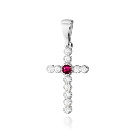 Przejdź do produktu Zawieszka z białego złota krzyż z rubinem i diamentami 0,22ct The Diamonds