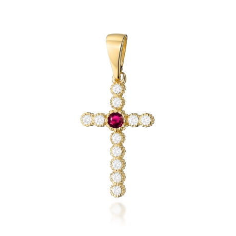 Przejdź do produktu Zawieszka z żółtego złota krzyż z rubinem i diamentami 0,22ct The Diamonds 
