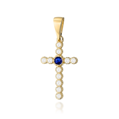 Przejdź do produktu Zawieszka z żółtego złota krzyż z szafirem i diamentami 0,22ct The Diamonds 