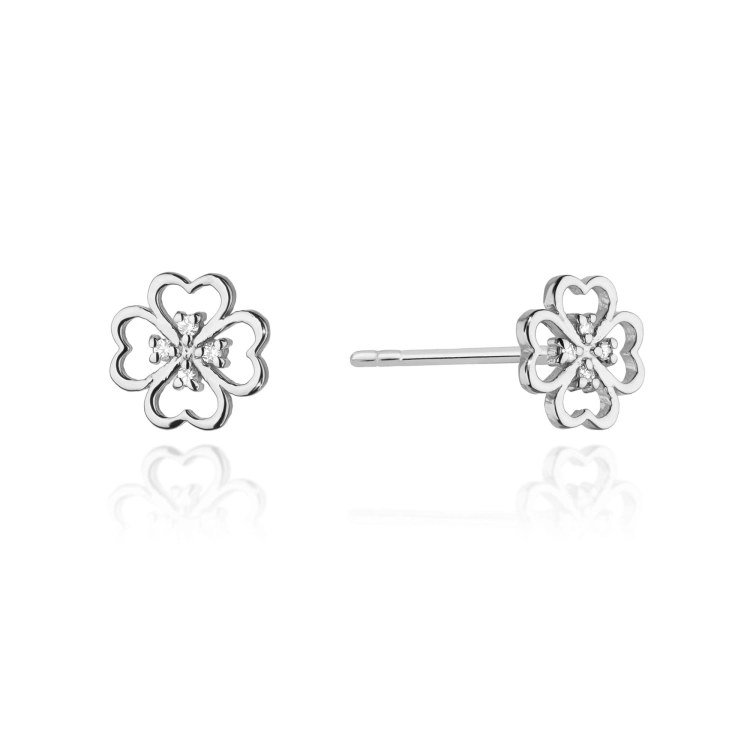 Kolczyki z białego złota 585 z diamentami 0,04ct koniczyna The Diamonds