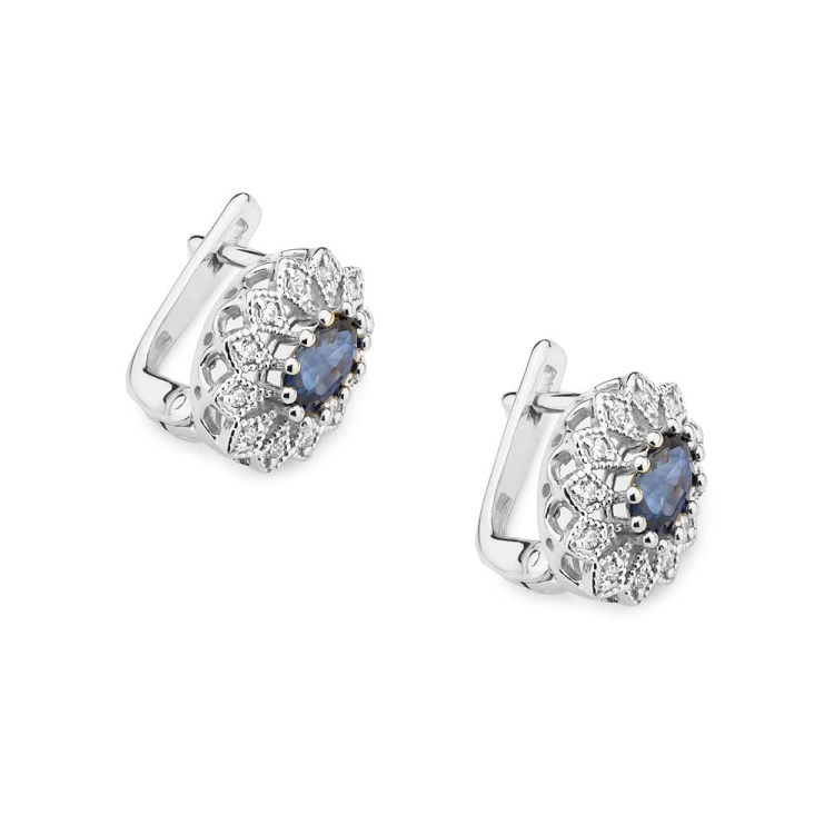 Kolczyki z białego złota 585 z szafirem i diamentami 0,20ct The Diamonds