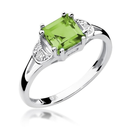 Przejdź do produktu Pierścionek zaręczynowy z białego złota z oliwinem i diamentami 0,06ct Fire Of Love