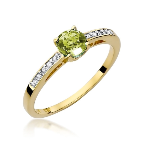 Przejdź do produktu Pierścionek zaręczynowy z żółtego złota z oliwinem i diamentami 0,05ct Fire Of Love 