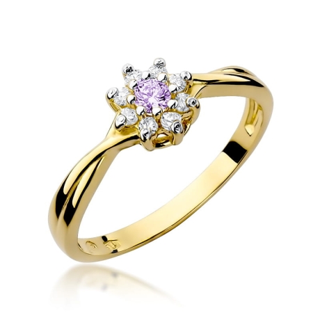 Przejdź do produktu Pierścionek zaręczynowy z żółtego złota z ametystem i diamentami 0,12ct Fire Of Love