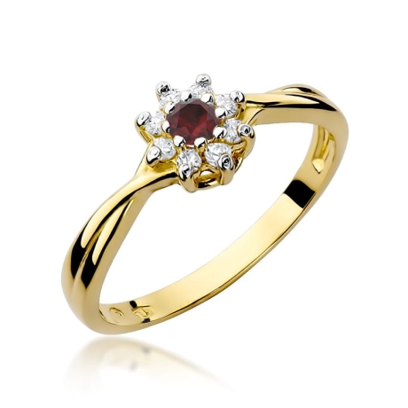 Przejdź do produktu Pierścionek zaręczynowy z żółtego złota z rubinem i diamentami 0,12ct Fire Of Love 