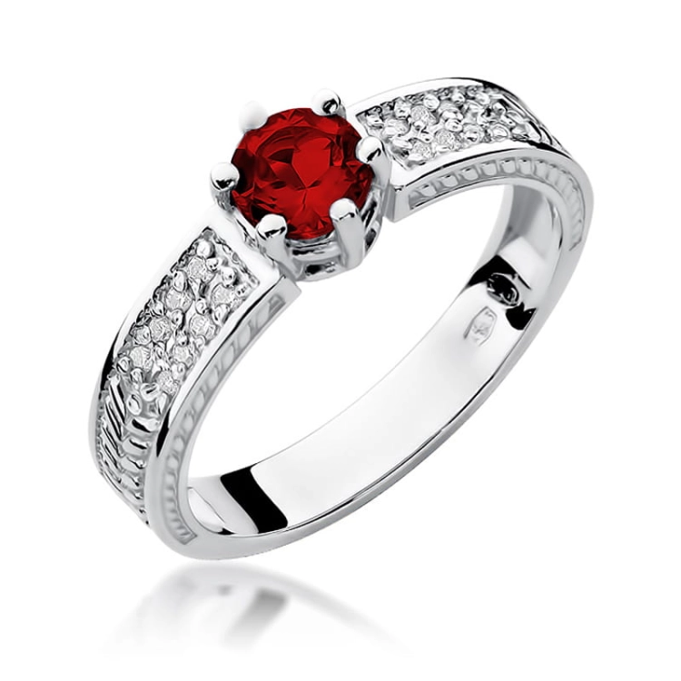 Pierścionek zaręczynowy z białego złota z rubinem i diamentami 0,08ct Fire Of Love