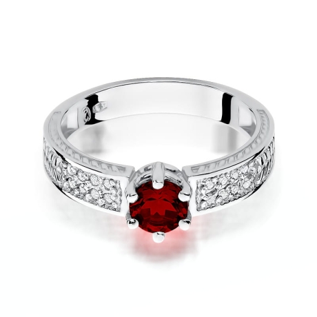 Przejdź do produktu Pierścionek zaręczynowy z białego złota z rubinem i diamentami 0,08ct Fire Of Love 