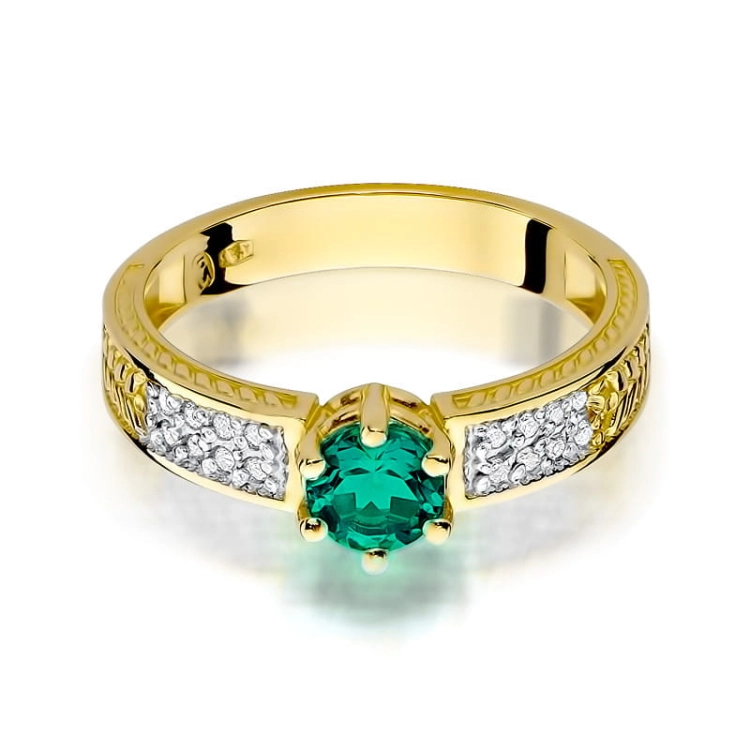 Pierścionek zaręczynowy z żółtego złota z szmaragdem i diamentami 0,08ct Fire Of Love