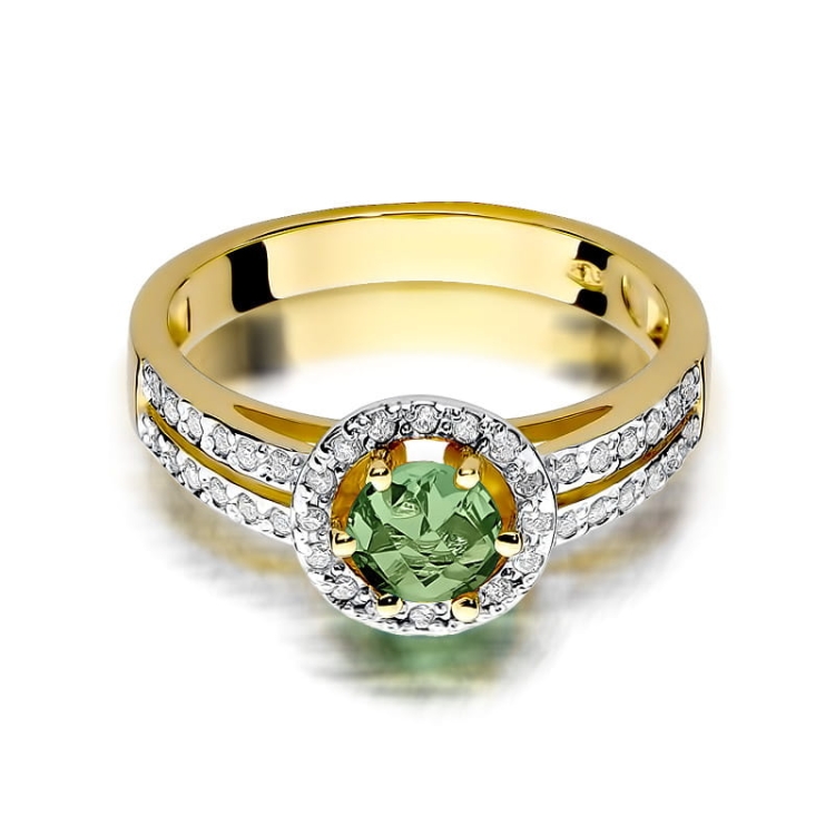 Pierścionek zaręczynowy z żółtego złota z oliwinem i diamentami 0,20ct Fire Of Love