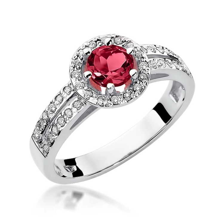 Pierścionek zaręczynowy z białego złota z rubinem i diamentami 0,20ct Fire Of Love
