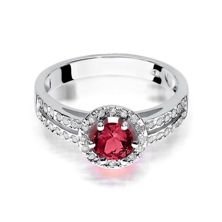 Pierścionek zaręczynowy z białego złota z rubinem i diamentami 0,20ct Fire Of Love