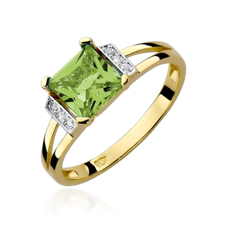 Przejdź do produktu Pierścionek zaręczynowy z żółtego złota z oliwinem i diamentami 0,03ct Fire Of Love 