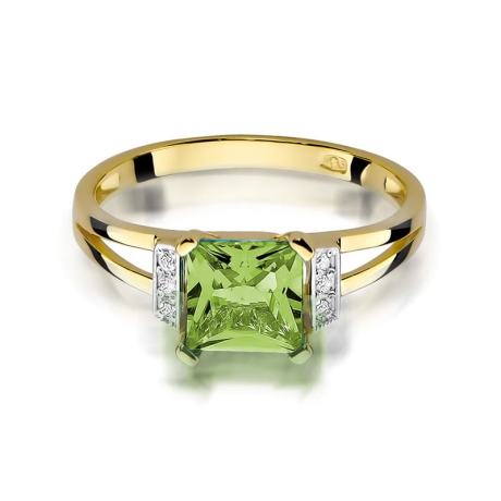 Przejdź do produktu Pierścionek zaręczynowy z żółtego złota z oliwinem i diamentami 0,03ct Fire Of Love 