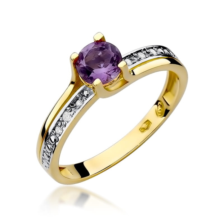Pierścionek zaręczynowy z żółtego złota z ametystem i diamentami 0,03ct Fire Of Love