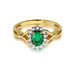 Pierścionek zaręczynowy z żółtego złota z szmaragdem i diamentami 0,12ct Fire Of Love