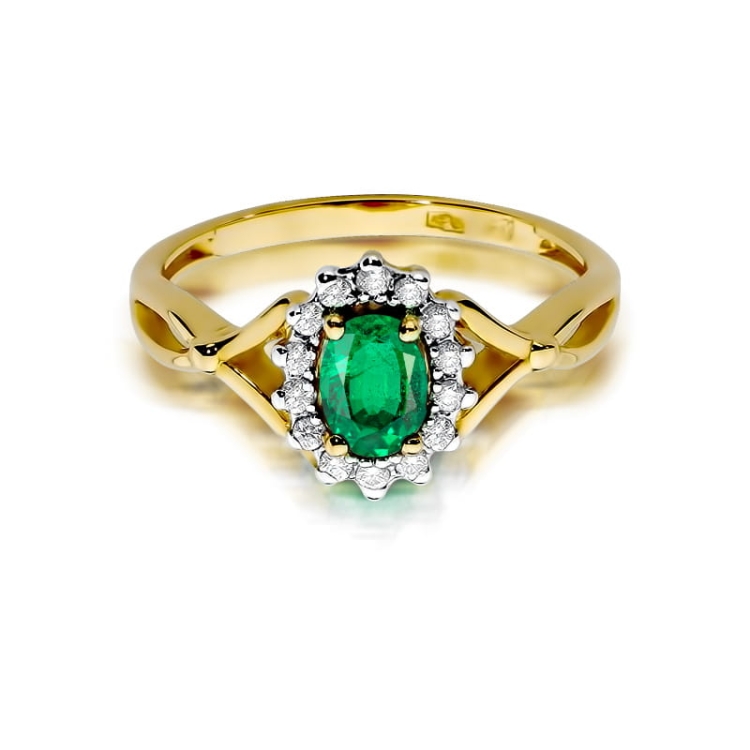 Pierścionek zaręczynowy z żółtego złota z szmaragdem i diamentami 0,12ct Fire Of Love