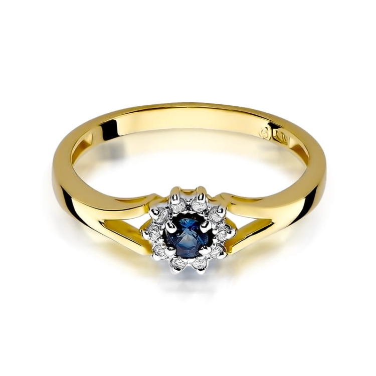Pierścionek zaręczynowy z żółtego złota z szafirem i diamentami 0,09ct Fire Of Love