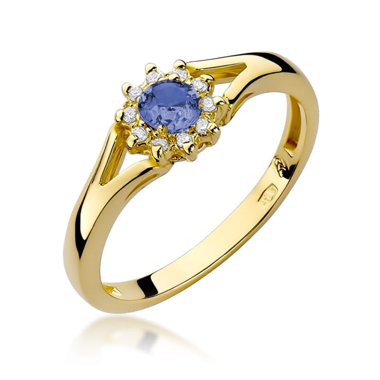 Pierścionek zaręczynowy z żółtego złota z tanzanitem i diamentami 0,09ct Fire Of Love