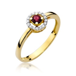 Pierścionek zaręczynowy z żółtego złota z rubinem i diamentami 0,08ct Fire Of Love