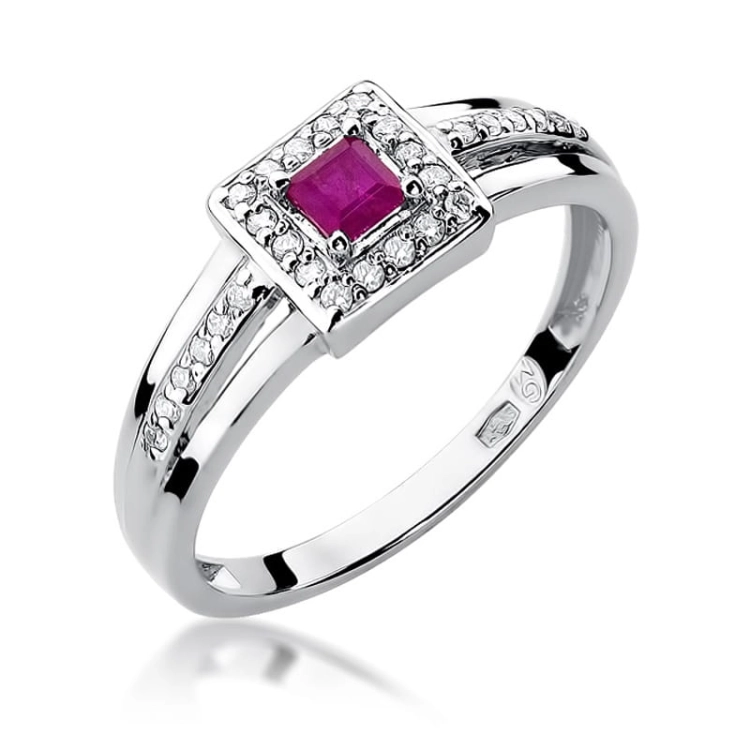 Pierścionek zaręczynowy z białego złota z rubinem i diamentami 0,14ct Fire Of Love