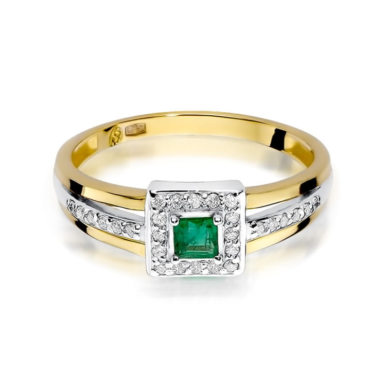 Pierścionek zaręczynowy z żółtego złota z szmaragdem i diamentami 0,14ct Fire Of Love