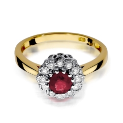 Pierścionek zaręczynowy z żółtego złota z rubinem i diamentami 0,17ct Fire Of Love