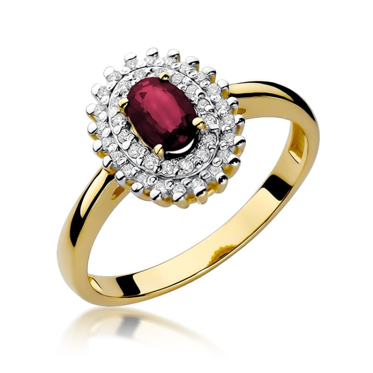 Pierścionek zaręczynowy z żółtego złota z rubinem i diamentami 0,19ct Fire Of Love