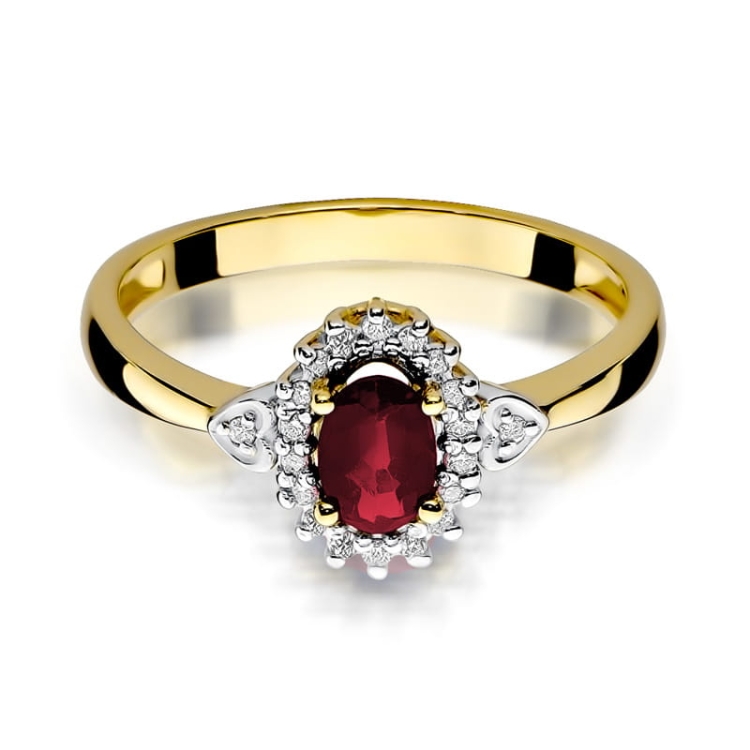 Pierścionek zaręczynowy z żółtego złota z rubinem i diamentami 0,10ct Fire Of Love