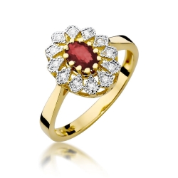 Pierścionek zaręczynowy z żółtego złota z rubinem i diamentami 0,10ct Fire Of Love