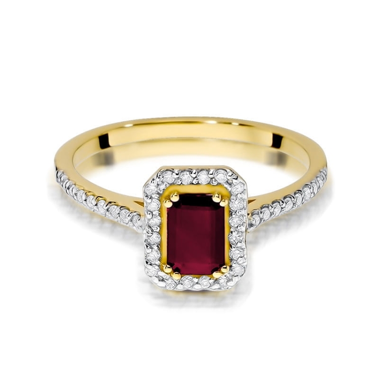 Pierścionek zaręczynowy z żółtego złota z rubinem i diamentami 0,19ct Fire Of Love