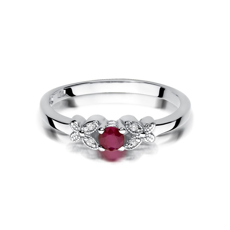 Pierścionek zaręczynowy z białego złota z rubinem i diamentami 0,02ct Fire Of Love