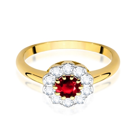 Przejdź do produktu Pierścionek zaręczynowy z żółtego złota z rubinem i diamentami 0,30ct Fire Of Love 