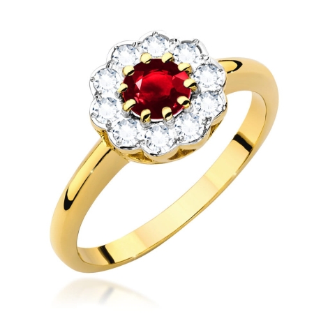 Przejdź do produktu Pierścionek zaręczynowy z żółtego złota z rubinem i diamentami 0,30ct Fire Of Love 