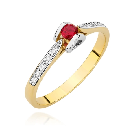 Przejdź do produktu Pierścionek zaręczynowy z żółtego złota z rubinem i diamentami 0,05ct Fire Of Love 