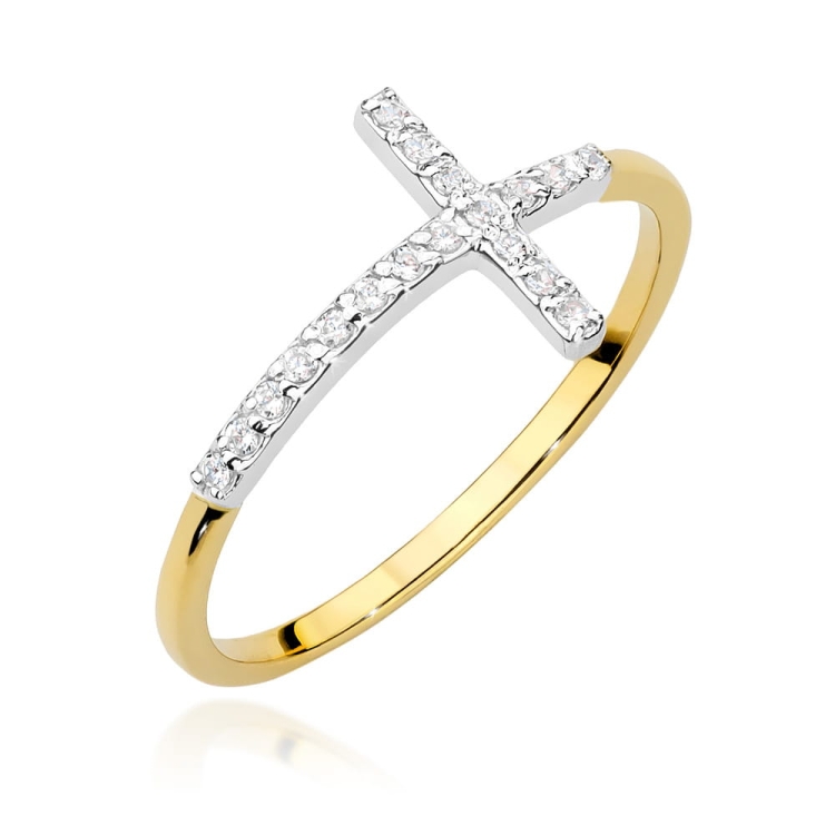 Pierścionek zaręczynowy z żółtego złota z diamentami 0,09ct krzyż Fire Of Love