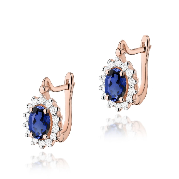 Kolczyki z różowego złota 585 z szafirem i diamentami 0,24ct na zapięciu angielskim The Diamonds