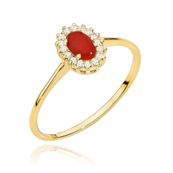 Pierścionek zaręczynowy z żółtego złota z koralem i diamentami 0,08ct Fire Of Love