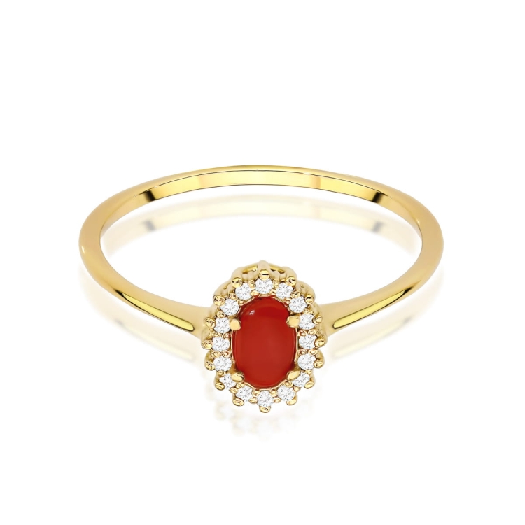 Pierścionek zaręczynowy z żółtego złota z koralem i diamentami 0,08ct Fire Of Love