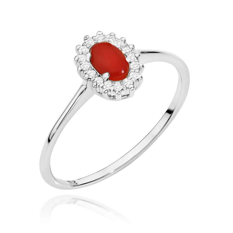 Pierścionek zaręczynowy z białego złota z koralem i diamentami 0,08ct Fire Of Love