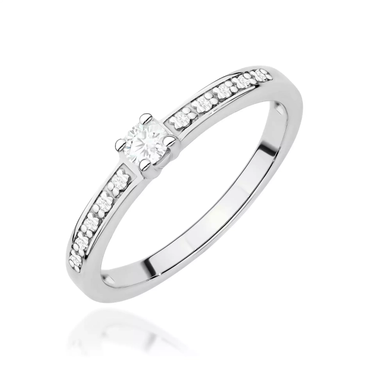 Pierścionek z białego złota, diament laboratoryjny centralny 0,08ct