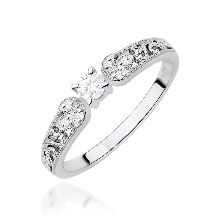 Pierścionek z białego złota, diament laboratoryjny 0,10ct