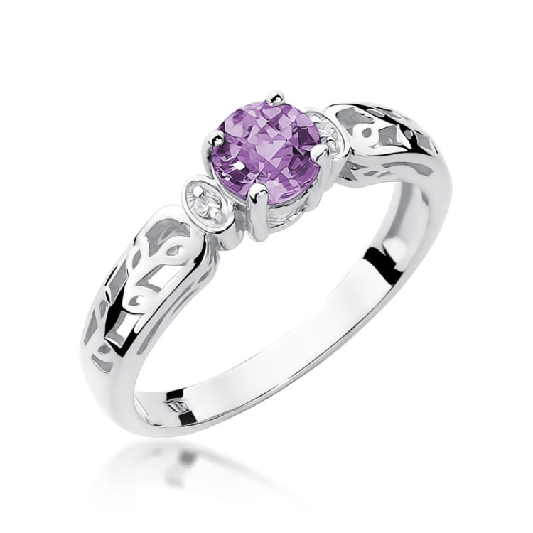 Pierścionek zaręczynowy z białego złota z ametystem i diamentami 0,02ct Fire Of Love  BW-14-ametyst-b