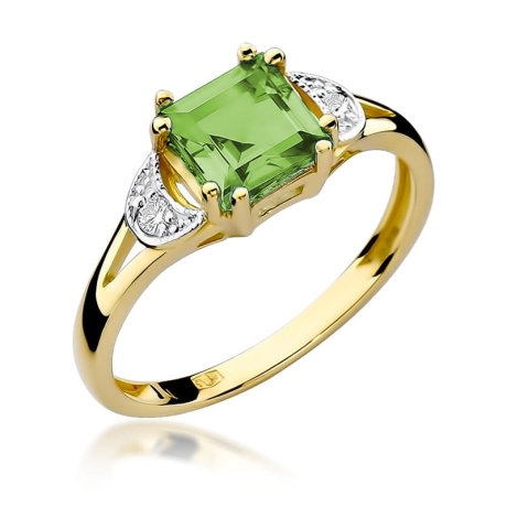 Przejdź do produktu Pierścionek zaręczynowy z żółtego złota z oliwinem i diamentami 0,06ct Fire Of Love