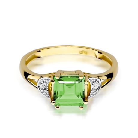 Przejdź do produktu Pierścionek zaręczynowy z żółtego złota z oliwinem i diamentami 0,06ct Fire Of Love