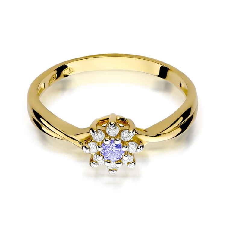 Pierścionek zaręczynowy z żółtego złota z tanzanitem i diamentami 0,12ct Fire Of Love BW-72-ametyst