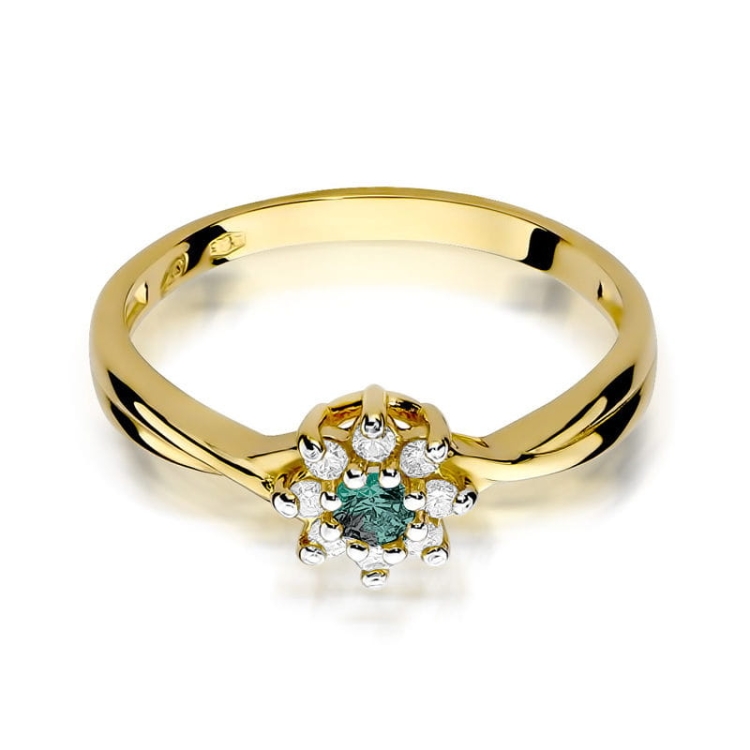 Pierścionek zaręczynowy z żółtego złota z szmaragdem i diamentami 0,12ct Fire Of Love  BW-72-szmaragd