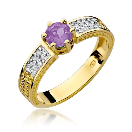 Przejdź do produktu Pierścionek zaręczynowy z żółtego złota z ametystem i diamentami 0,08ct Fire Of Love 